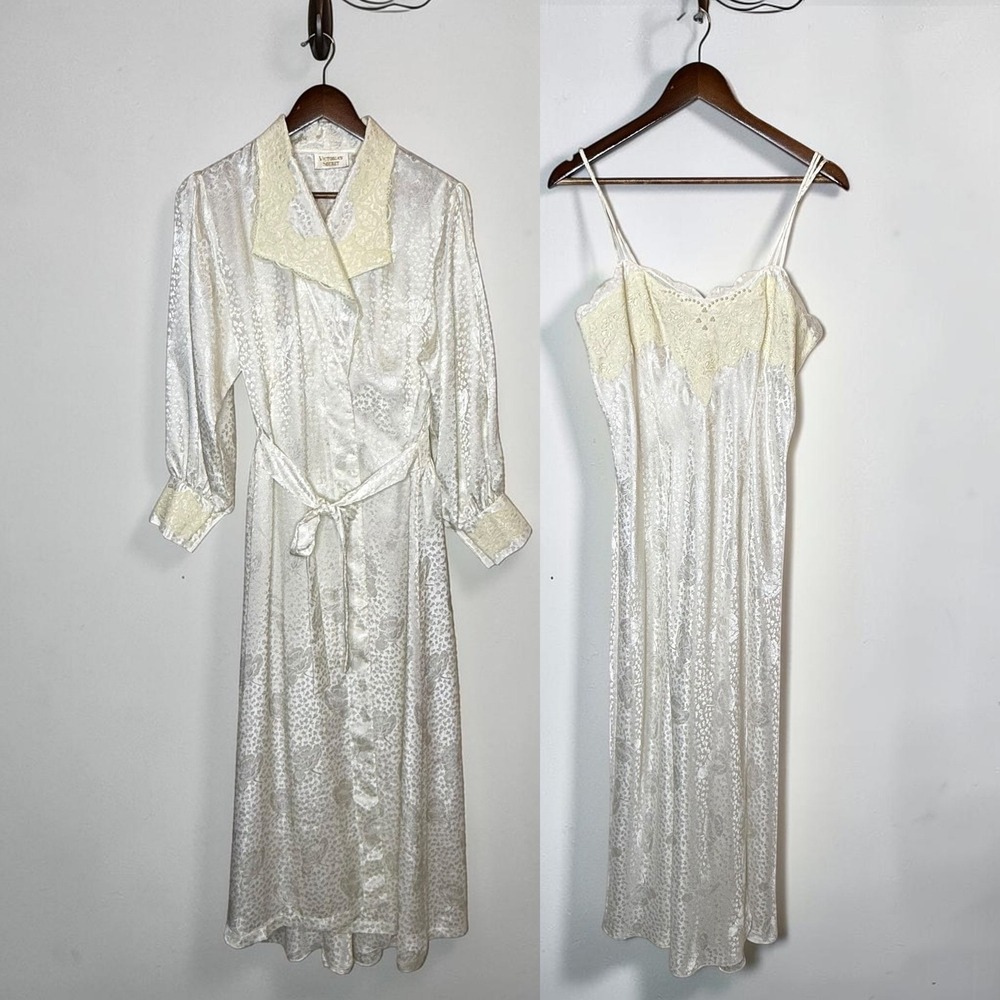 VTG Victorias Secret Gold Label Satin Jacquard Floral Set Robe Slip Dress Bridal